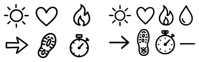 Fototapeta premium Simple icons with sun heart and flame outline