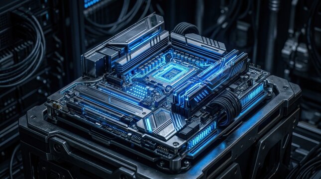 A close-up of a futuristic computer component with blue illumination, intricate structure, metallic finish, dark modern tech atmosphere, ultra-realistic, no logos.