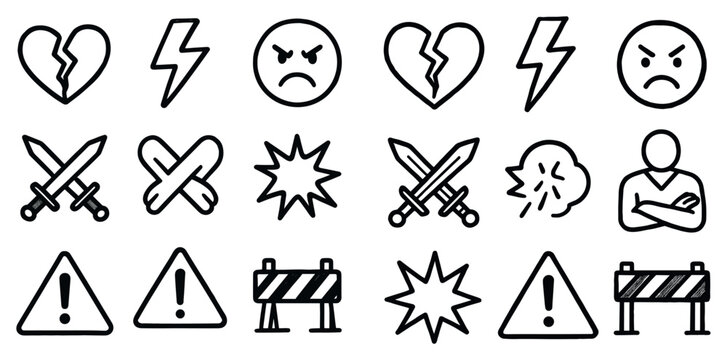 Warning icons with heart sword bolt angry outline