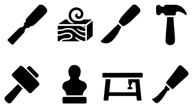 Woodworking icons with chisel plane mallet flat