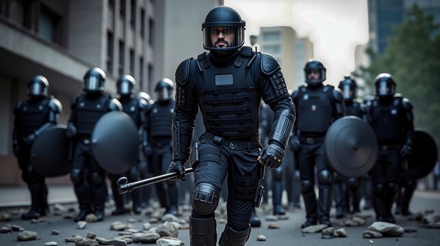 A man in a riot gear walking down a street with a baton in his hand