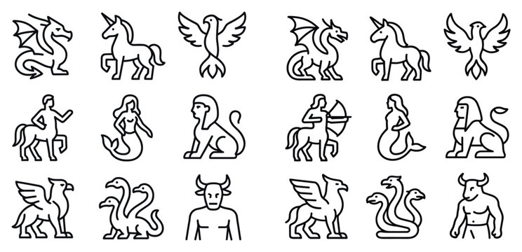 Mythology icons with dragon unicorn griffin outline