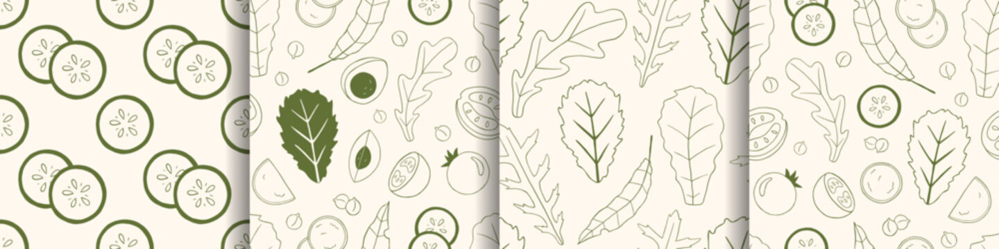 Vector seamless pattern set with green hand drawn outline sketch monochrome doodle print. Organic vegetable design with tomato, cucumber slice and salad leaf. Trendy eco food background collection.