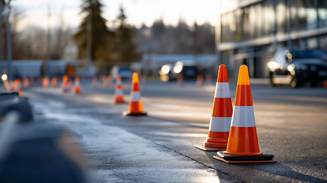 A concrete practice ground marked with white lines, orange cones and pole signs in a quiet morning, no people, driving test area, driving school practice, traffic cones, pole signs, road
