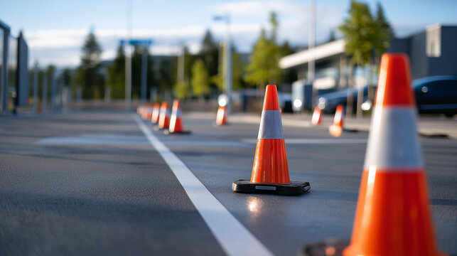 A concrete practice ground marked with white lines, orange cones and pole signs in a quiet morning, no people, driving test area, driving school practice, traffic cones, pole signs, road