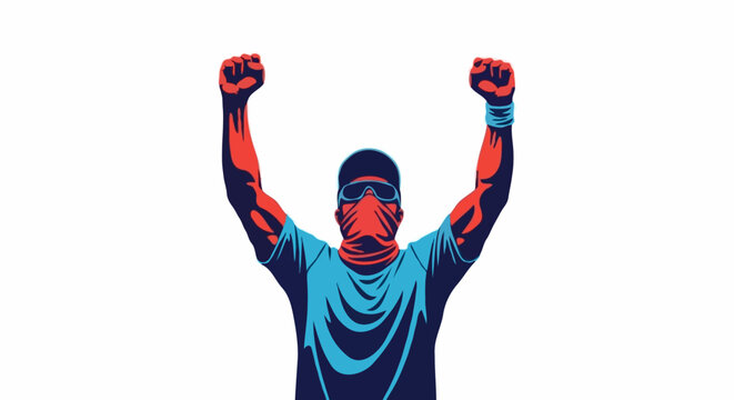 An individual wearing a face mask raises both hands in a defiant stance