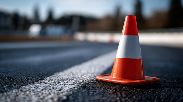 A single overturned cone lying on asphalt at a driving school training ground, no people, overturned cone, failed parking, asphalt training, driving school, outdoor practice, exam mistake,