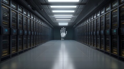 Fototapeta premium A massive high tech server corridor filled with rows of cabinets featuring a luminous robotic hand symbolizing global data flow