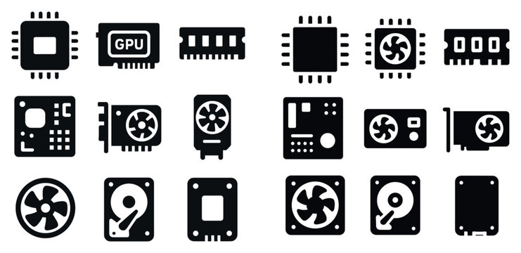 Technology icons with chip gpu ram solid