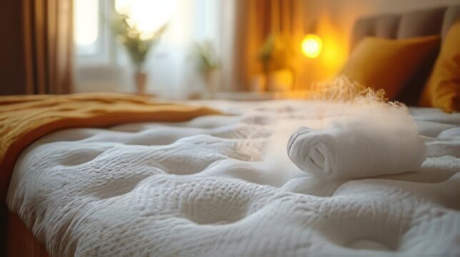 Steam cleaning a plush mattress in a warm, sunlit bedroom, promoting hygiene and comfort for restful sleep.
