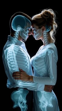 A man and a woman are kissing in front of a skeleton
