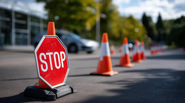A driving test course with a small stop sign and traffic cones arranged along the route, no people, test course, stop sign, cones, outdoor training, practice lot, preparation, driver education,