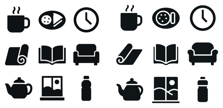 Coffee icons with mug cookie clock minimal
