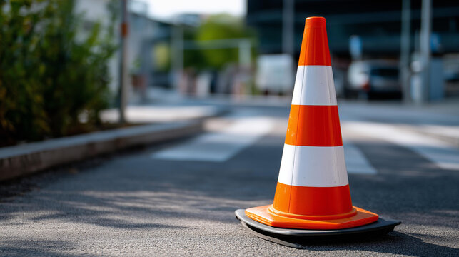 A single orange and white traffic cone standing in the middle of a paved road, no people, orange cone, paved road, traffic control, temporary marker, outdoor, simple composition, safety cone,