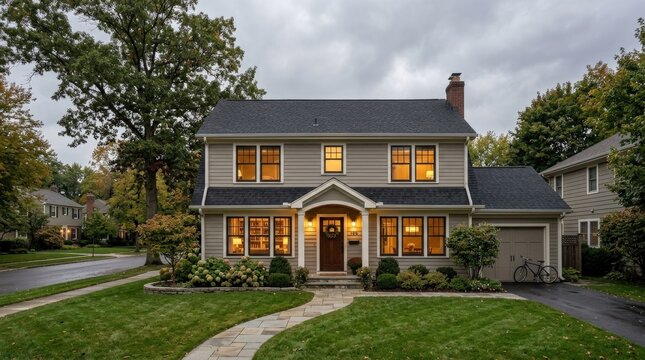 A tranquil family home beneath an overcast sky, warm interior glow through windows, tidy exterior details and quiet suburban surroundings, soft diffused light and a comforting peaceful atmosphere,