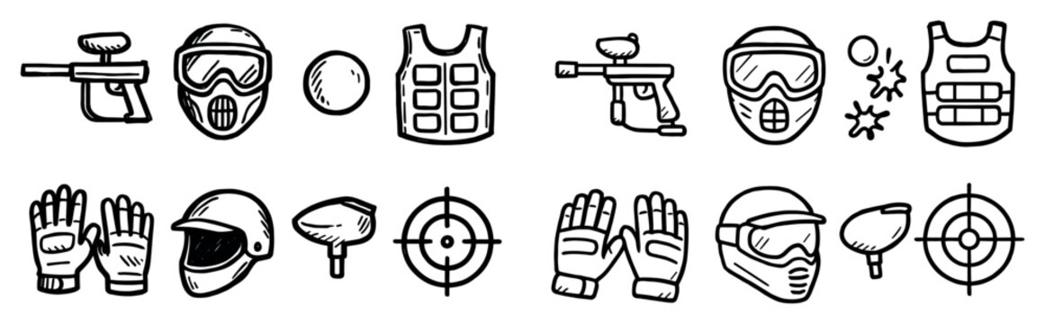 Paintball icons with gun mask vest outline