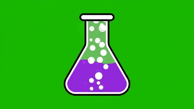 A conical flask with bubbling purple liquid on a green background.