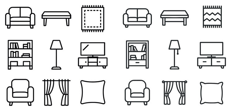 Home icons with sofa bookshelf lamp outline