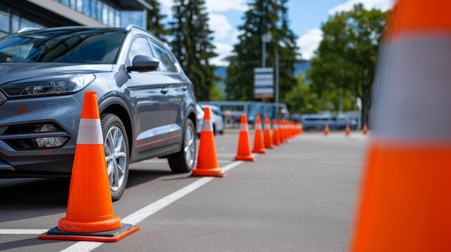 A training vehicle parked between rows of orange traffic cones on a marked parking lot, no people, driving school car, traffic cones, marked parking, training lot, outdoor training, driver