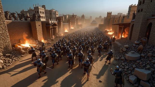 A large group of people walking down a dirt road in front of a city