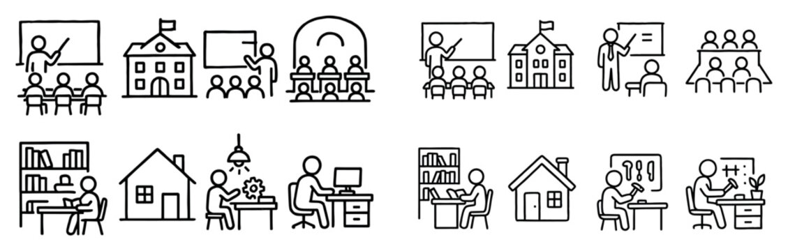 Education icons with teacher school house desk outline