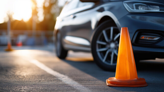 A car parked beside an overturned orange cone on a sunlit training ground, no people, driving license test mishap, overturned cone, outdoor training, parked vehicle, driving school, practice