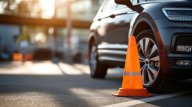 A car parked beside an overturned orange cone on a sunlit training ground, no people, driving license test mishap, overturned cone, outdoor training, parked vehicle, driving school, practice