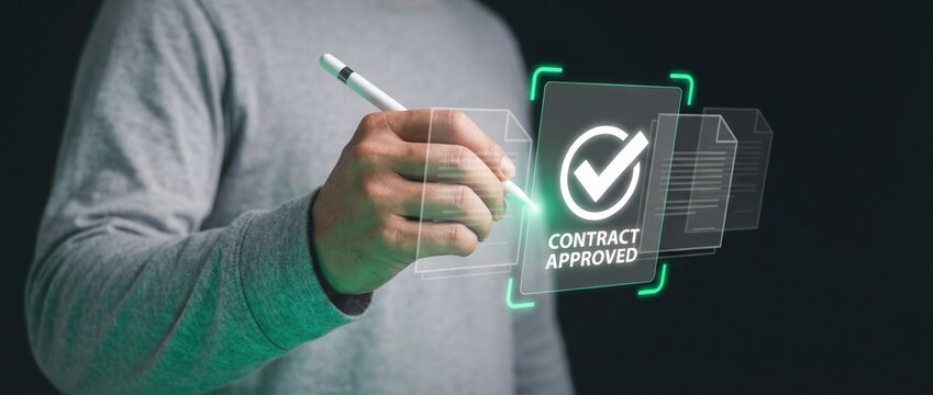 Digital contract approval demonstration in a modern office interactive technology showcase enhancing business efficiency and decision-making