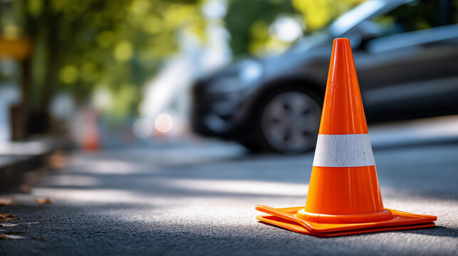 A single overturned traffic cone on the street with a parked car blurred in the background, no people, failed test mishap, overturned cone, driving license test, outdoor street, traffic cones,