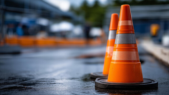 A stack of traffic cones piled at the edge of a driving school lot at the end of the day, no people, end of shift, cone stack, driving school, outdoor training, wet asphalt, empty track,