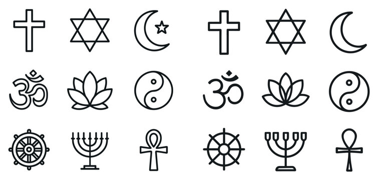 Religion icons with cross lotus om outline