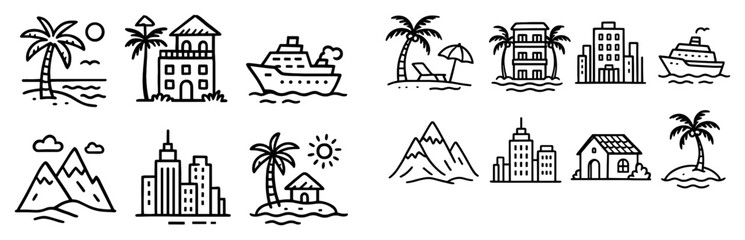 Obraz premium Travel icons with island hotel ship outline