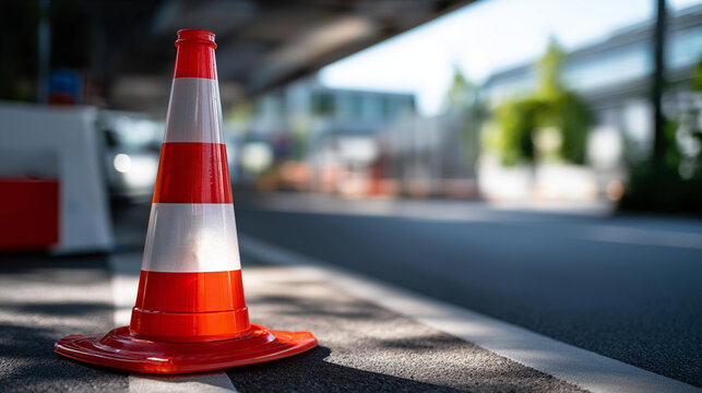 A traffic cone with a red and white reflective stripe standing at the edge of a training road, no people, reflective stripe cone, training road, driving school, outdoor, practice lot,