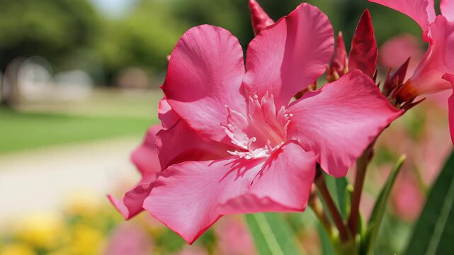 Closeup of a vibrant pink oleander flower in full bloom.