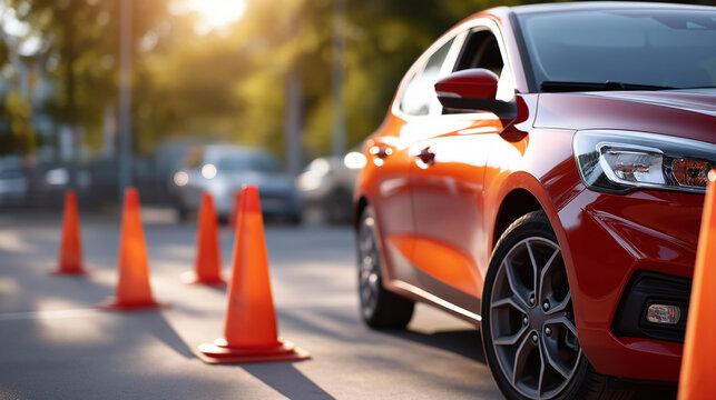 A red car parked beside orange cones on a sunlit driving school practice lot, no people, driving school exam, red car, traffic cones, outdoor training, practice lot, preparation, driver