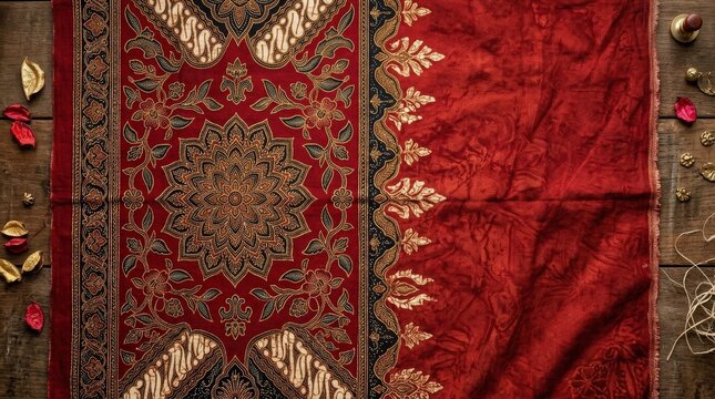 A festive red batik flat lay background with open copy space, intricate textile patterns, rich fabric texture and cultural warmth, soft light and elegant celebratory atmosphere, ultra-realistic, no