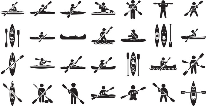 Kayak and Canoe Vector Icon Set for Outdoor Water Sports