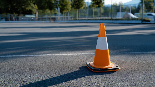 A cone placed in the center of a test vehicle's parking maneuver area on a sunlit lot, no people, cone in center, parking maneuver, test vehicle, driving school, outdoor training, practice lot,