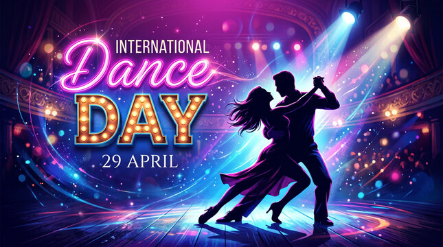 International dance day celebration poster featuring a couple dancing on a stage with vibrant neon lights and sparkles, 29 april event