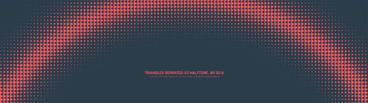 Triangles grid halftone serrated pattern semicircle arc border frame ultra wide 32:9 aspect ratio red black vector abstract background. Half tone ultrawide format retro futuristic 80s abstraction