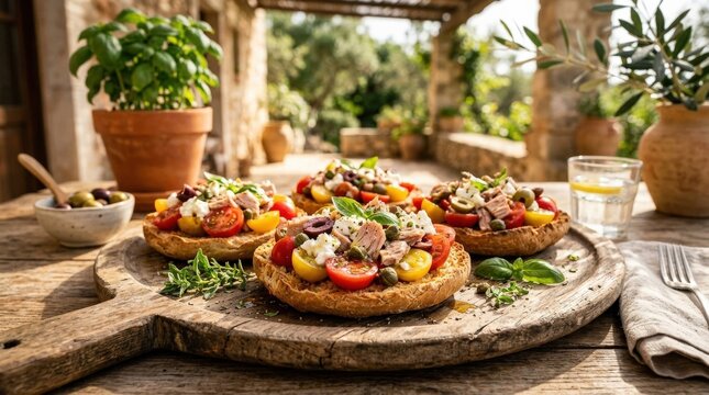A vegetarian Italian appetizer of crispy frisella topped with cherry tomatoes, cheese, tuna, and olives on a rustic wooden platter, rich textures and fresh garnish, warm natural light, inviting