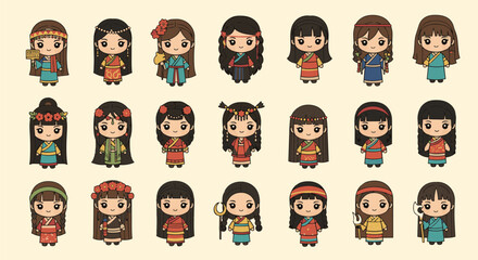 Fototapeta premium Set of colorful cartoon girls in varied outfits.