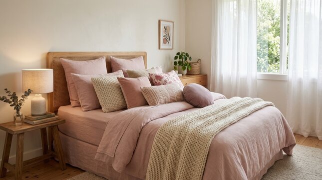 A restful bed setup with pink bedding and an array of pillows, soft textiles and layered cushions in a serene bedroom scene, cozy calming atmosphere with gentle natural light, ultra-realistic, no
