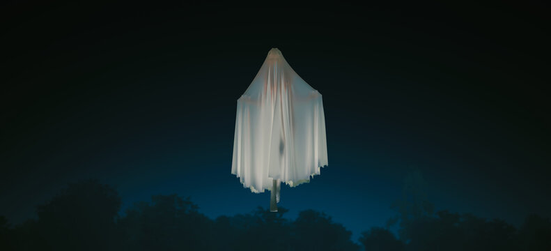 Floating Spooky Halloween Ghost Spirit Figure Hovering in Dark Mysterious Shadows 3d illustration