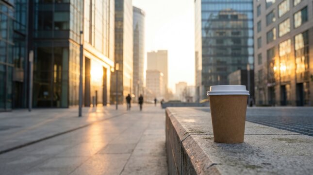 A disposable coffee cup sits on a stone ledge in a modern urban setting. Skyscrapers reflect sunlight. People walk in the background.