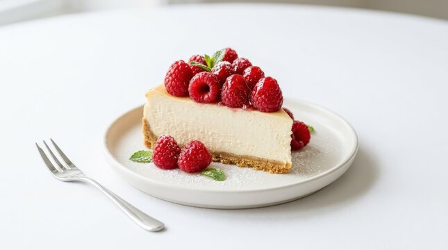 A delicious cheesecake topped with fresh raspberries on a clean white background, creamy texture, glossy berries, refined dessert presentation, ultra-realistic, no logos.