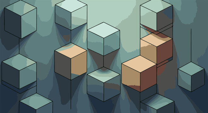 Abstract isometric arrangement of cubes with a gradient background and shadow effects