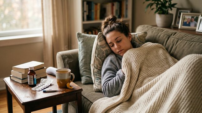 Illness: A person takes rest at home with cold or illness, seeking comfort and recovery in a familiar environment.