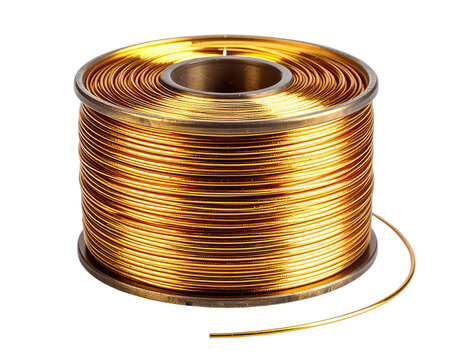 Spool of thin, shiny copper wire wound tightly around a reel