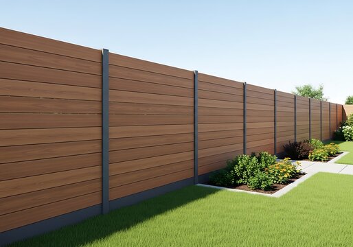 Modern Privacy Fence with Horizontal Wood Panels and Metal Posts in Backyard Garden